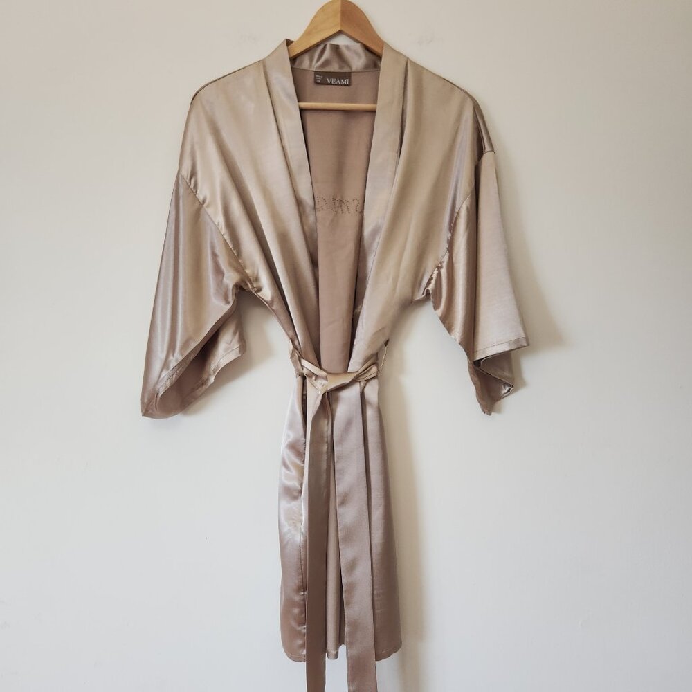 Veami Robe Bridesmaid Embellished Satin Bronze Tan Kimono Short Sleeve Size M